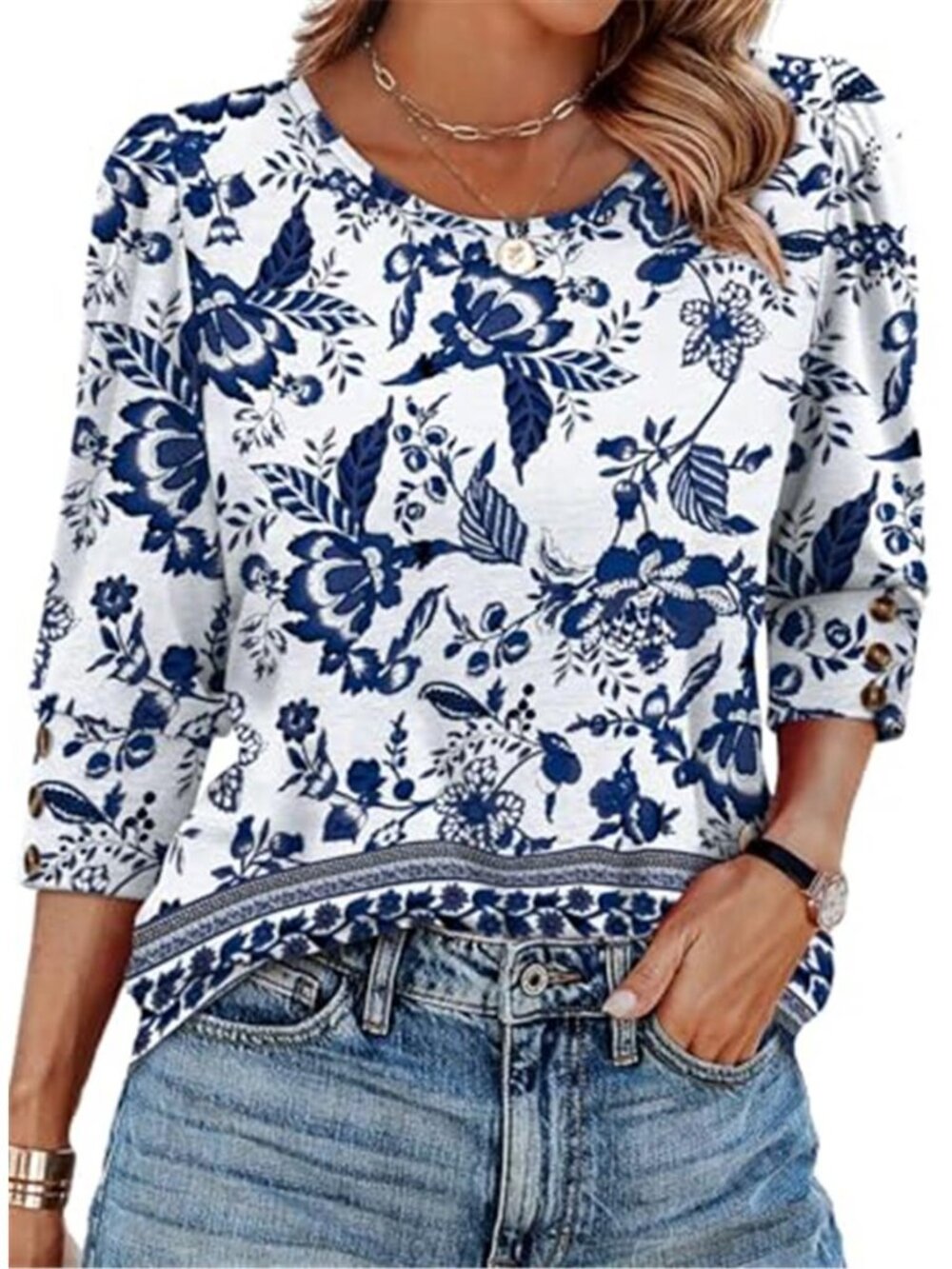 Womens 3/4 Sleeve Blouse Loose Fit Dressy Casual Scoop Neck Tunic Work Top